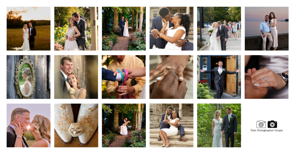 A panel image of 17 a variety of different couples in engagement and wedding events. 