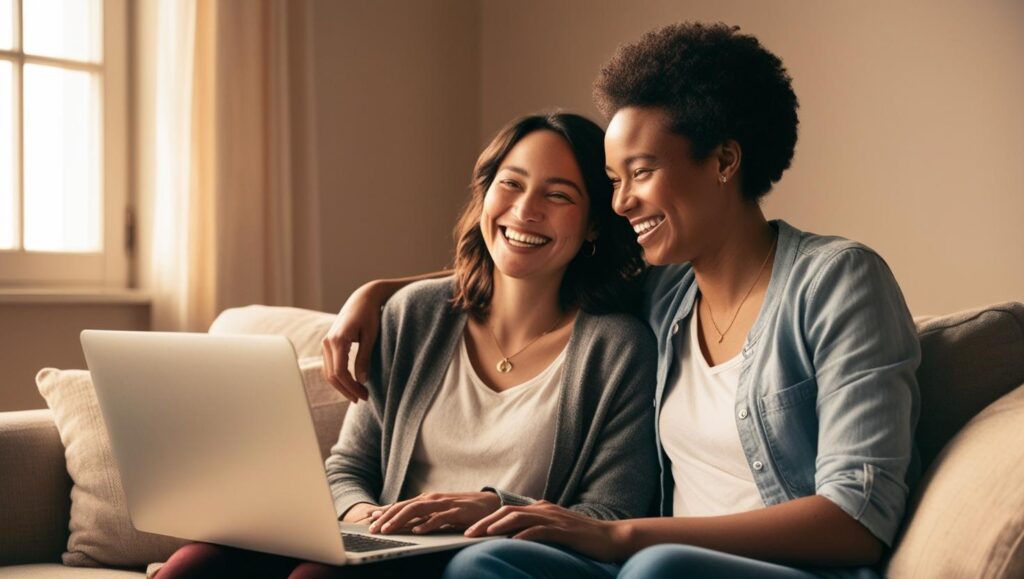 a couple sitting on their couch laughing in a stress free zoom call at home. This is what stress-free wedding photography booking looks like. 