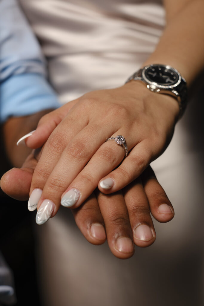 Engagement ring. Golden hour couple photoshoot by the lake at Paletta Mansion