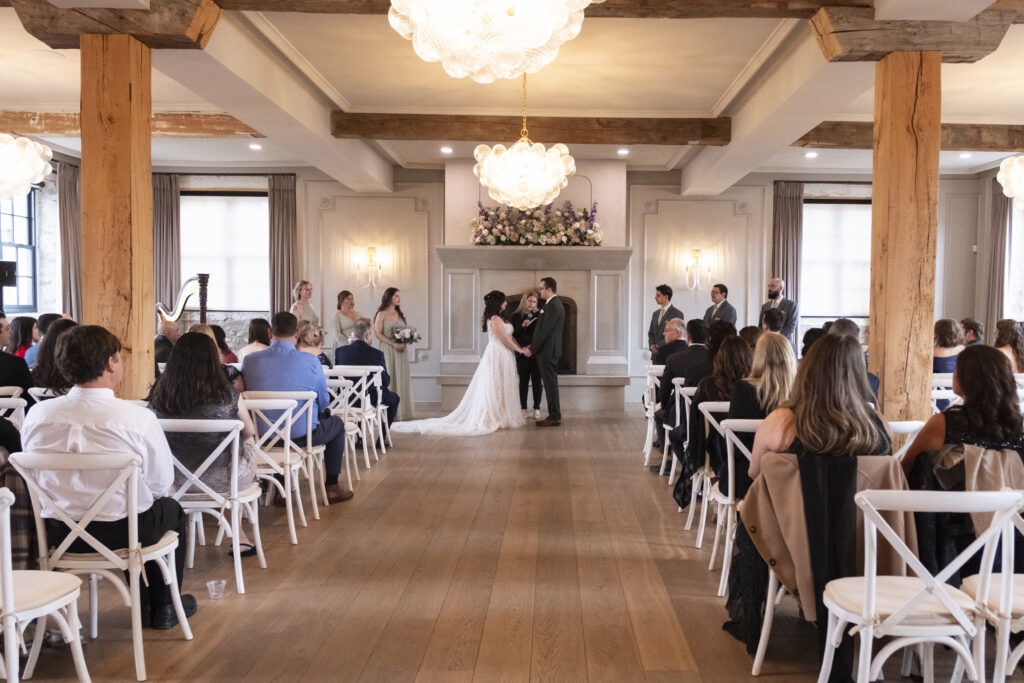 Inside the ceremony space at the Foundry Chapel at Elora Mill Foundry Chapel, in Elora, Ontario. 