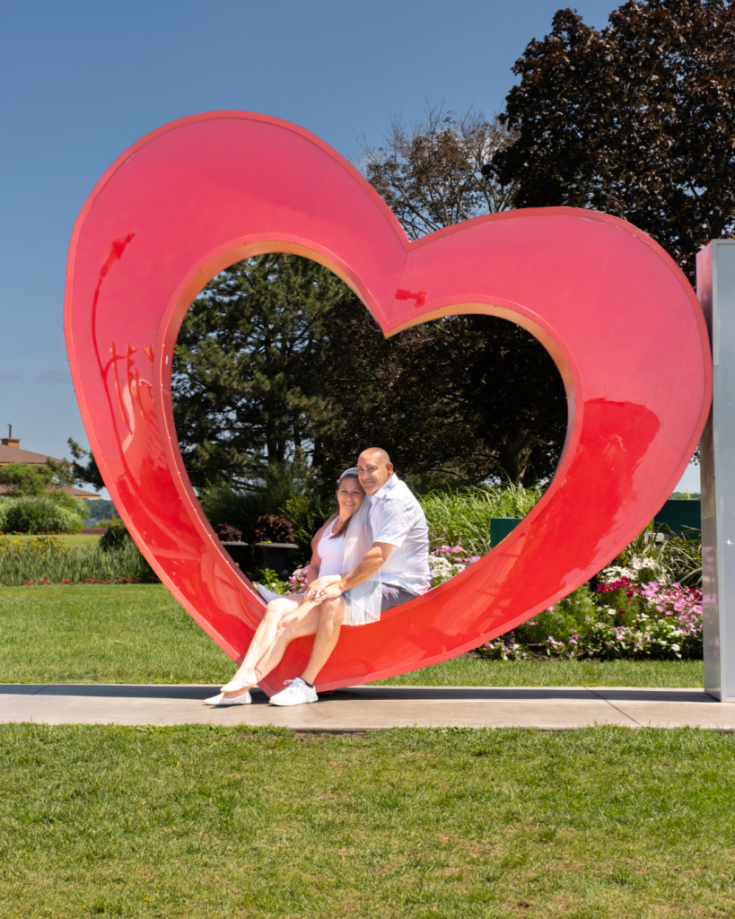Couple celebrating their first anniversary with a portrait session one year after their wedding in Barrie, Ontario at Heritage Park